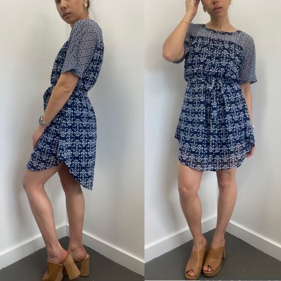 LOFT Dresses & Skirts - 🔴LOFT Blue Printed Short Sleeve Belted Chiffon Crew Neck Summer Mini Dress SP